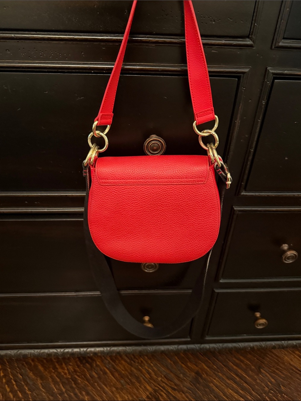 Ted Baker Bright Red Pebbled Leather Crossbody with Striped Strap - Picture 4 of 7